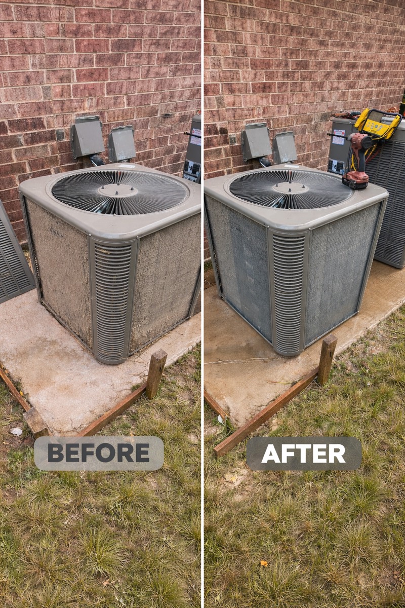 Before and after photos of an air conditioner condenser coil cleaning showing restored fin surface