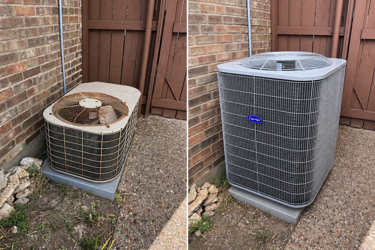 AC replacement in Celina, TX — the original failed condenser on the left and the new Carrier system on the right, photographed on the same pad from the same position