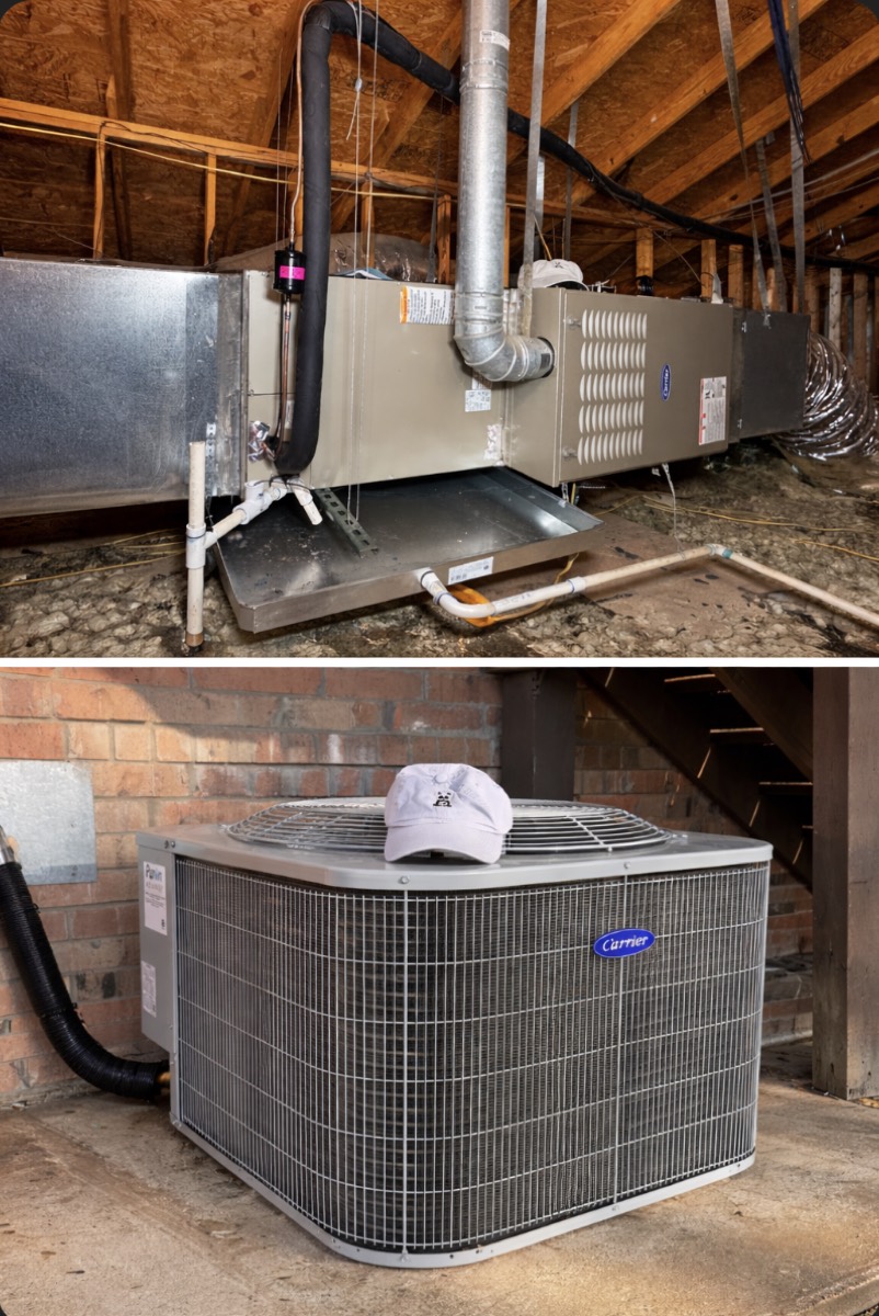 New Carrier air conditioning condenser set on a level pad with a clean line set in Celina, TX