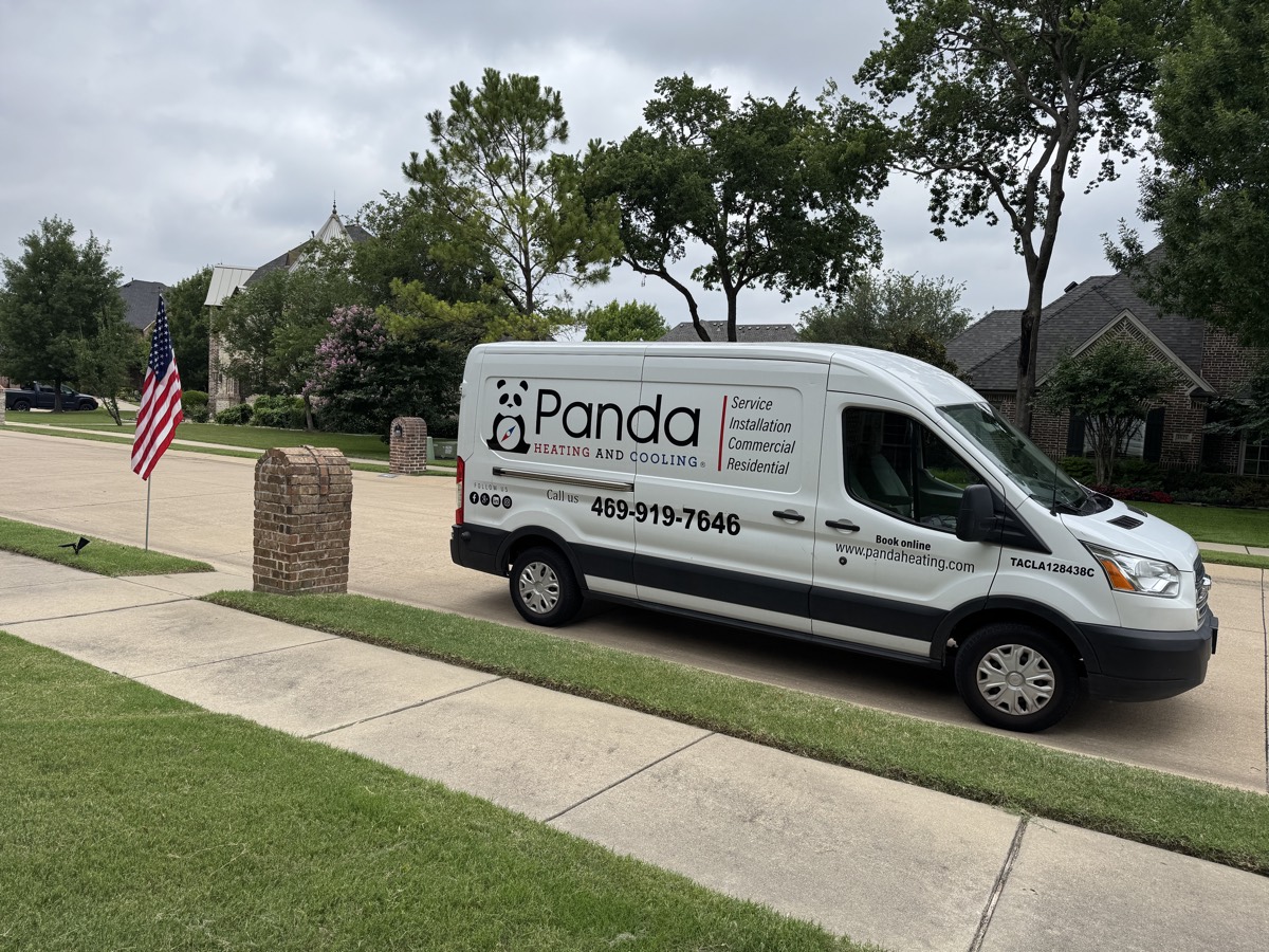 The Panda Heating and Cooling service van outside a customer’s home in Celina, TX
